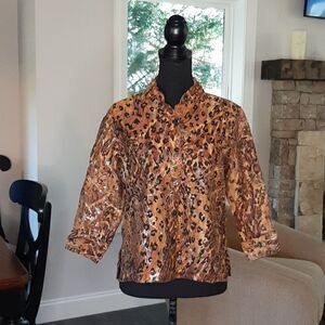Choices Petite Leopard Print Sheer Button Down Shirt
